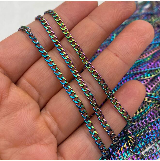 5/25 Meters Rainbow Finish PVD Plated Colorful Beveled Flat Curb Stainless Steel Unfinished Chain From 3mm wide