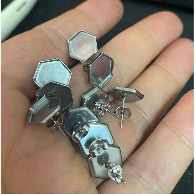 100pcs Gold plated Stainless Steel hexagon stud Earring Posts Settings Bezels Cabochons Tacks 10mm inner