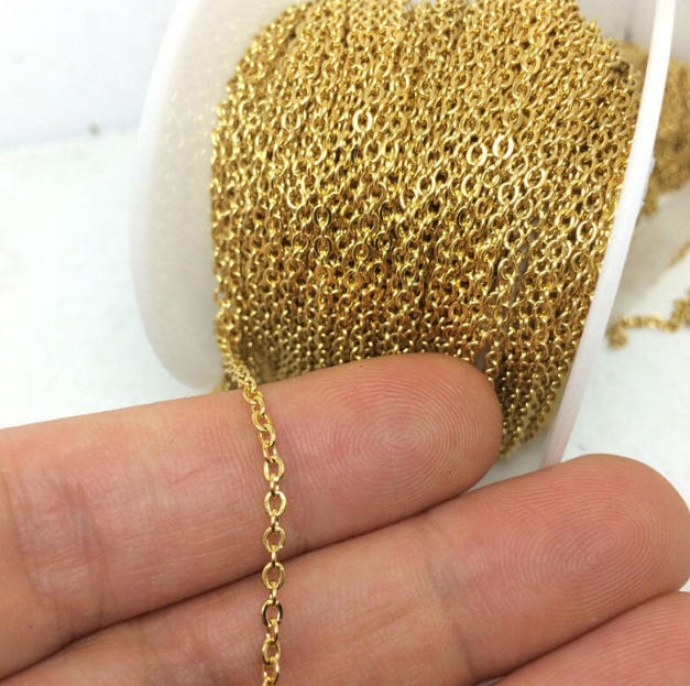 10/50meters Anti-Tarnish 18K Gold Plated Over Stainless Steel FLAT Cable Chain Oval Link Welded Soldered Link