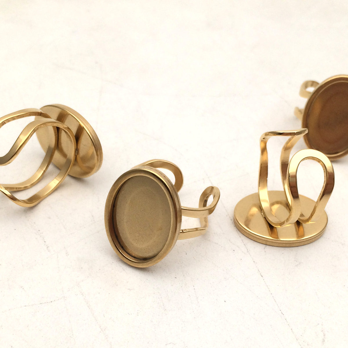 10/50pcs Oval Stainless Steel Bezel Cabochon Setting Open Ring Tray Blank Pads Adjustable 13x18mm inner 18K gold plated