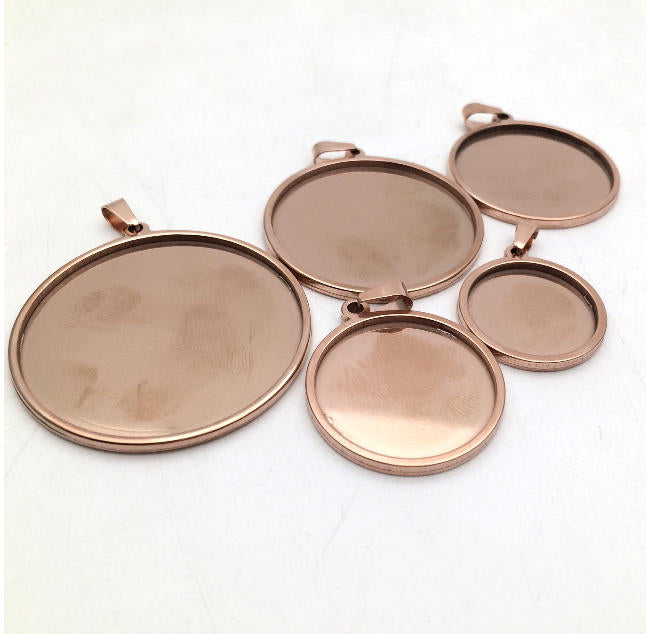 10/50pcs Real Rose Gold Plated Solid Stainless Steel Cabochon Settings Round Bezel Tray Blanks Pendants with Clasp