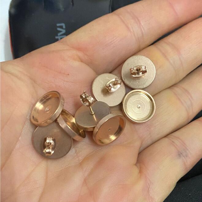 100pcs 18k Gold Rose plated Stainless Steel Earring Posts Studs Settings Bezels Cabochons Tacks Thick Bezel 4/6/8/10mm inner