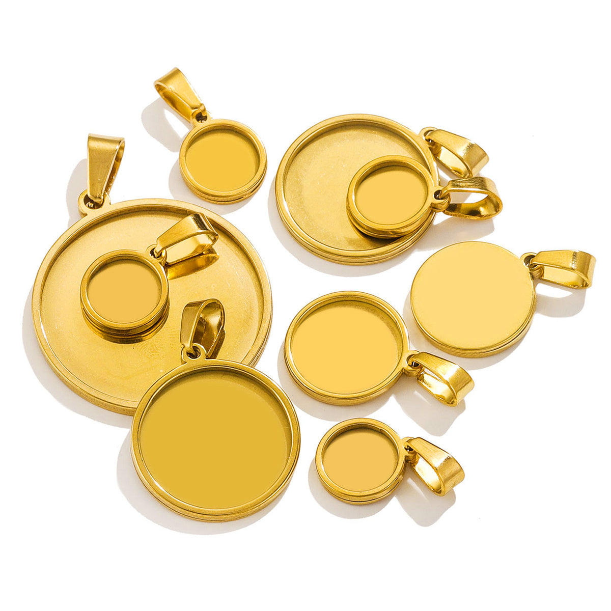 10pcs Real Gold Plated  Solid Stainless Steel Cabochon Settings Round Bezel Tray Blanks Pendants with Clasp from 10mm to 40mm