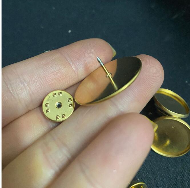 50pcs 18k plated  Stainless Steel Round Cabochon Brooch Base Settings fit 12/16/18/20/25mm Tie Tack Blank Pins