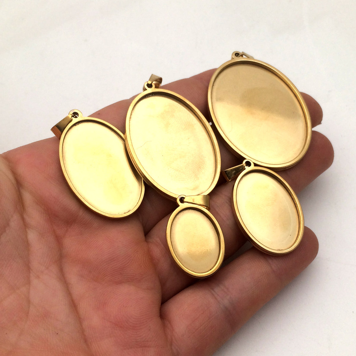10pcs Real Gold Plated Solid Stainless Steel Cabochon Settings Oval Bezel Tray Blanks Pendants with Clasp 6 size you pick
