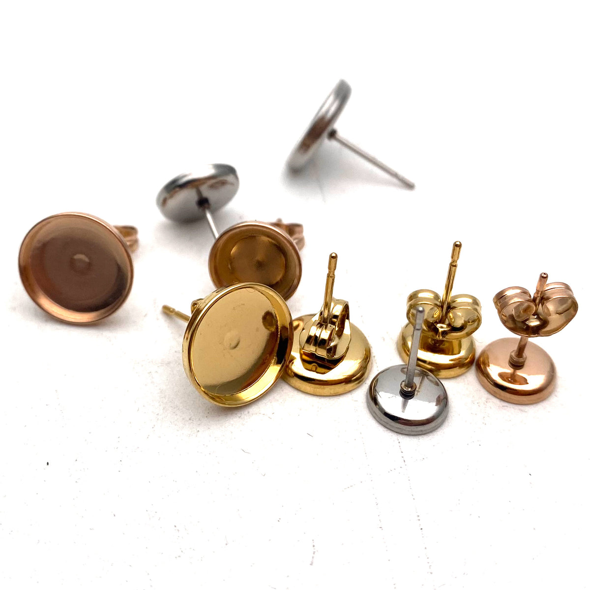 100pcs ROUND Edged DEEP 18k Gold plated Stainless Steel Earring Posts Studs Settings Bezels Cabochons Tacks Thin Bezel 6/8/10mm inner
