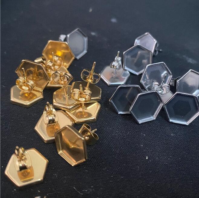 100pcs Gold plated Stainless Steel hexagon stud Earring Posts Settings Bezels Cabochons Tacks 10mm inner