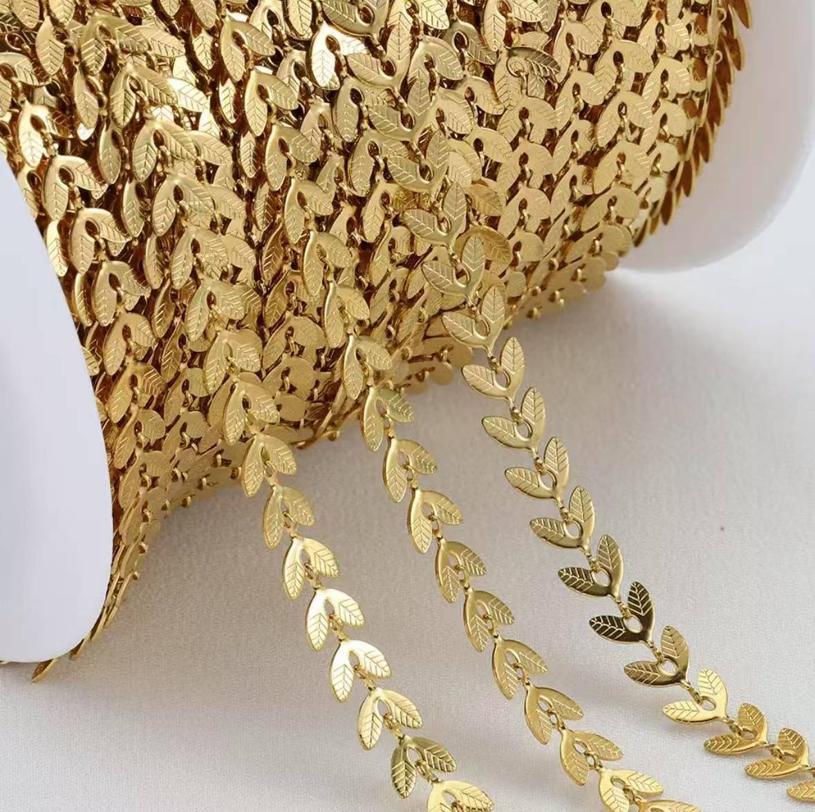 5/10 Meters 18K Gold Plated Stainless Steel Chevron Chain Fish Bone Findings Supplies Leaf shape