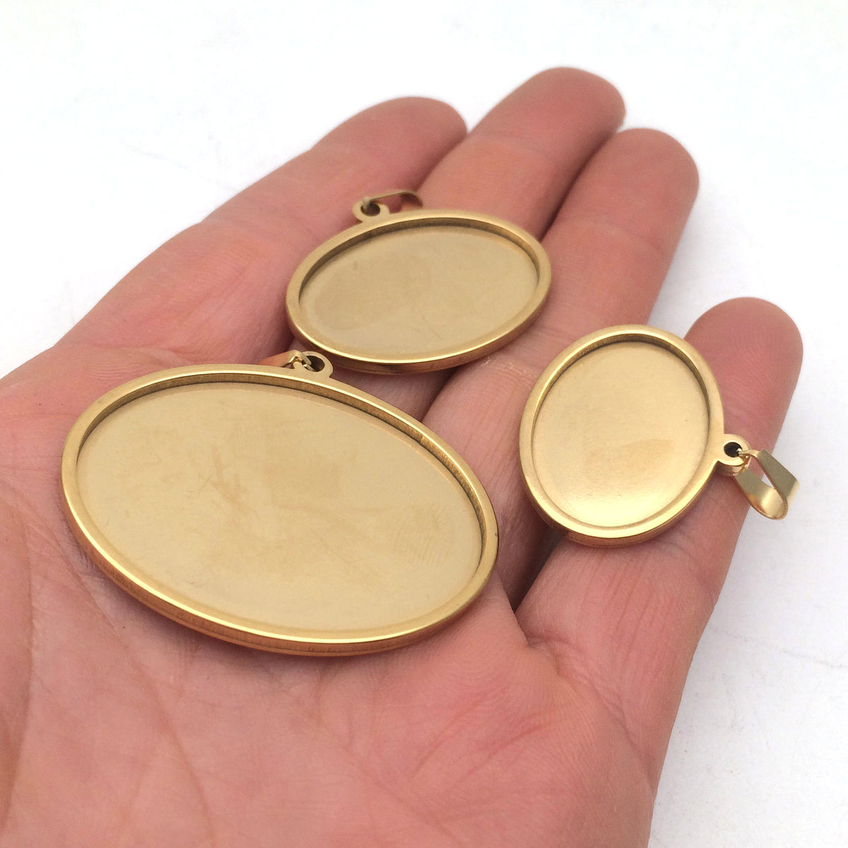 10pcs Style B Solid Stainless Steel Cabochon Settings Oval Bezel Tray Blanks Pendants with Clasp 3 size you pick