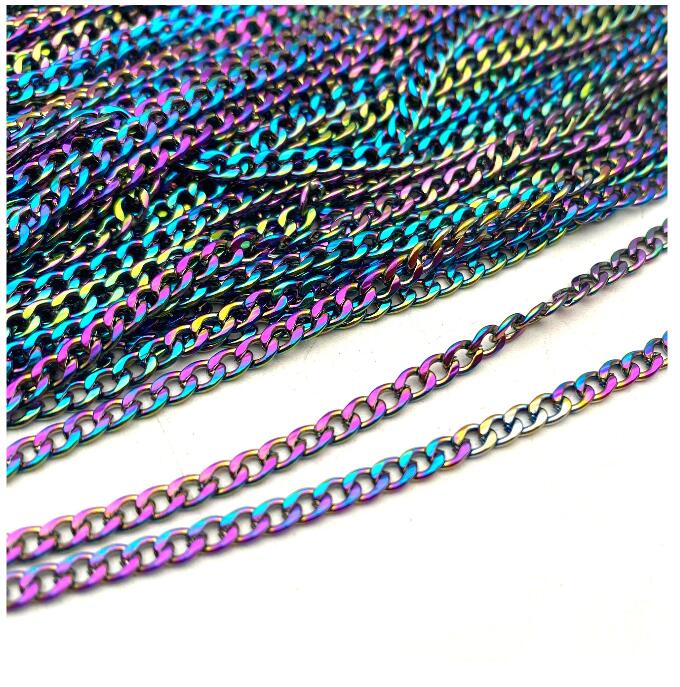 5/25 Meters Rainbow Finish PVD Plated Colorful  Beveled Flat Curb Stainless Steel Unfinished Chain From 3mm wide