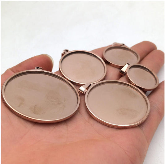 10/50pcs Real Rose Gold Plated  Solid Stainless Steel Cabochon Settings Round Bezel Tray Blanks Pendants with Clasp