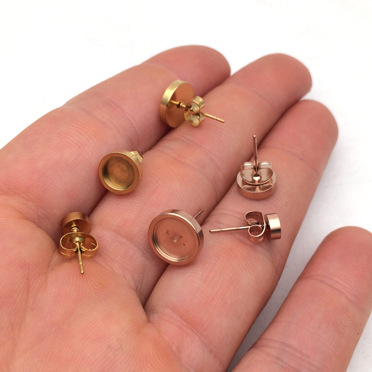 100pcs 18k Gold Rose plated Stainless Steel Earring Posts Studs Settings Bezels Cabochons Tacks Thick Bezel 4/6/8/10mm inner